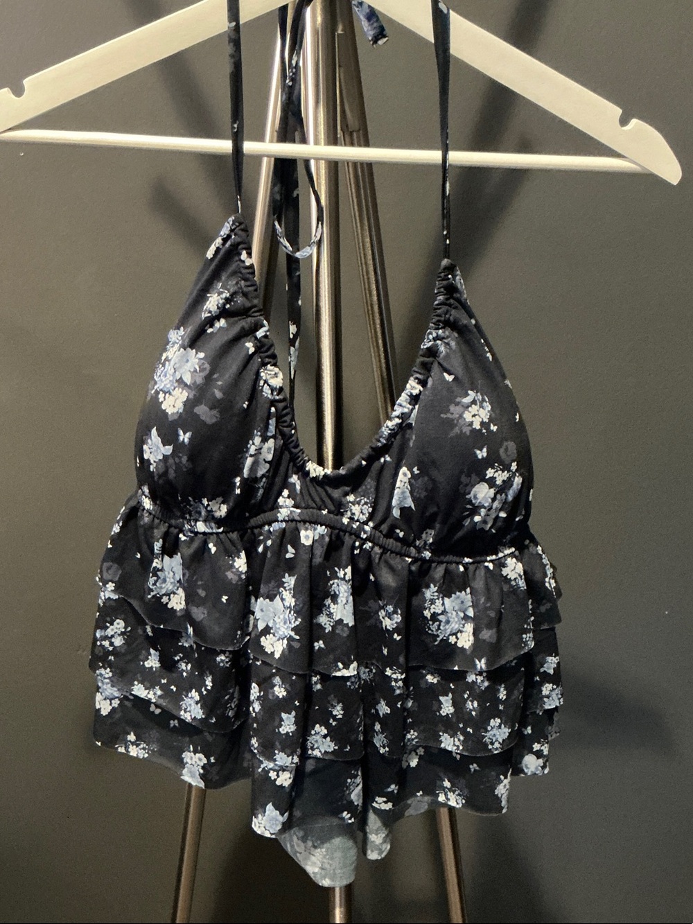 Navy Lue Floral Halter Ruffle Tank Top
